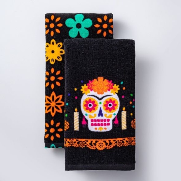Día de Muertos Sugar Skull Halloween 2 pack Black Terry Cloth Kitchen Towels nwt - Picture 1 of 2